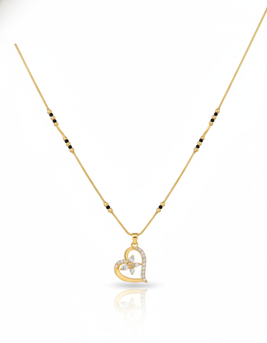 Elegant Heart Design Gold Plated Mangalsutra for Women | Anti-Tarnish Stainless Steel Black Bead Necklace