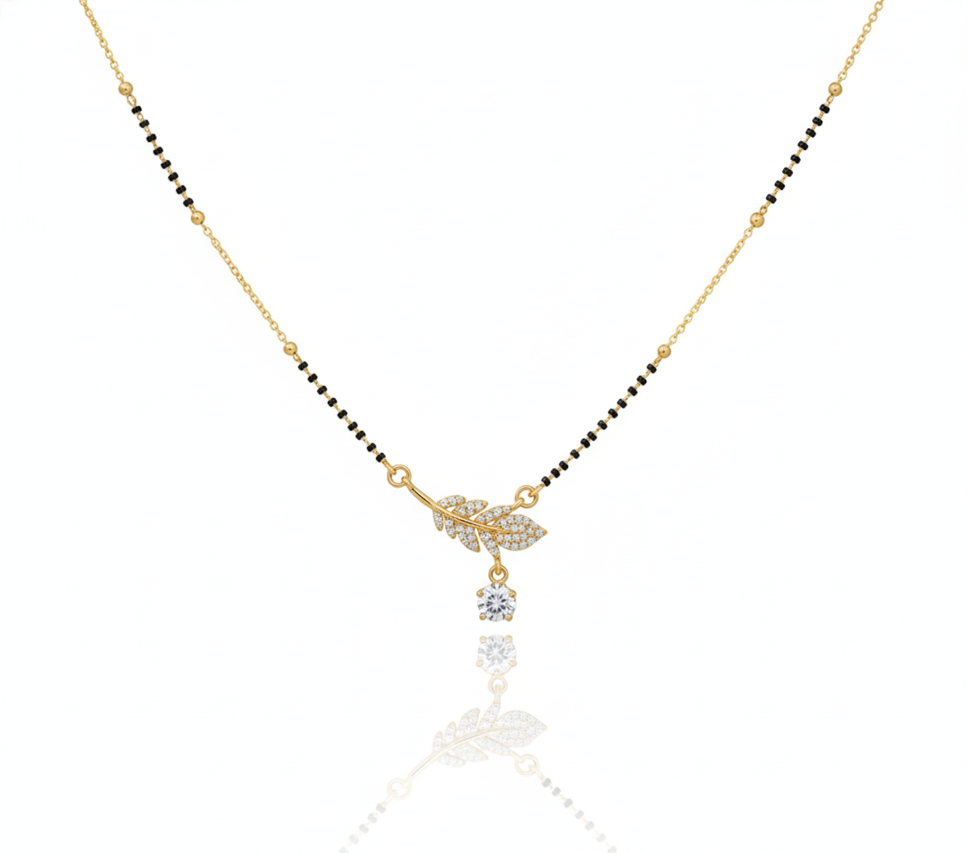 Elegant Leaf Drop Gold Plated Mangalsutra for Women | Anti-Tarnish Stainless Steel Black Bead Necklace
