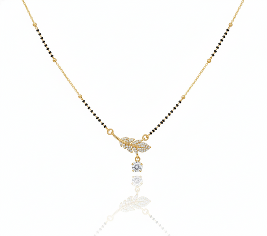 Elegant Leaf Drop Gold Plated Mangalsutra for Women | Anti-Tarnish Stainless Steel Black Bead Necklace