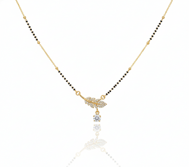 Elegant Leaf Drop Gold Plated Mangalsutra for Women | Anti-Tarnish Stainless Steel Black Bead Necklace
