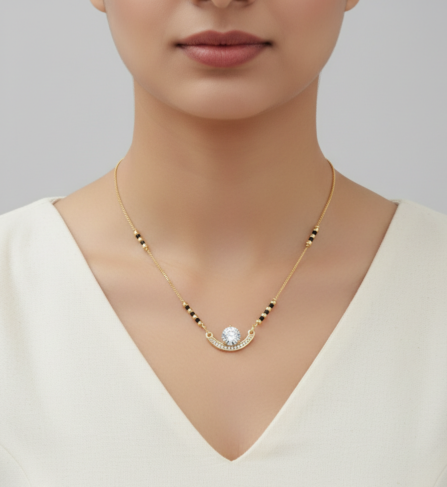 Elegant Round Diamond Gold Plated Mangalsutra for Women | Anti-Tarnish Stainless Steel Black Bead Necklace