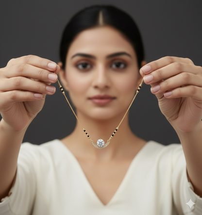 Elegant Round Diamond Gold Plated Mangalsutra for Women | Anti-Tarnish Stainless Steel Black Bead Necklace