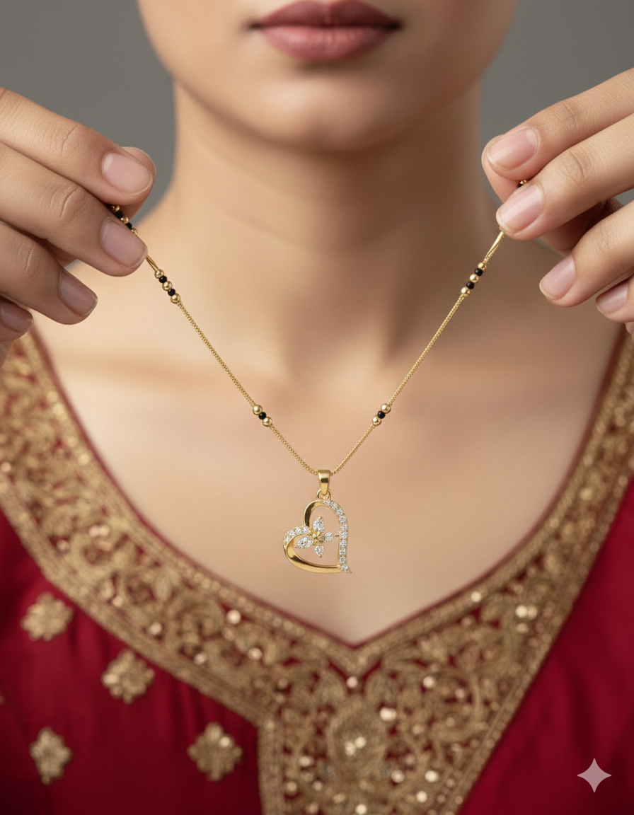 Elegant Heart Design Gold Plated Mangalsutra for Women | Anti-Tarnish Stainless Steel Black Bead Necklace