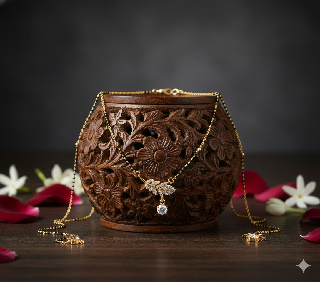 Elegant Leaf Drop Gold Plated Mangalsutra for Women | Anti-Tarnish Stainless Steel Black Bead Necklace