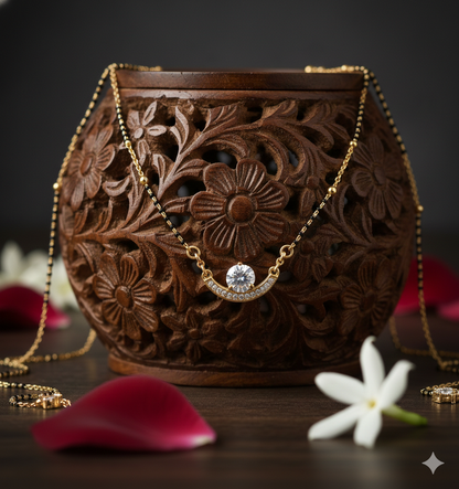 Elegant Round Diamond Gold Plated Mangalsutra for Women | Anti-Tarnish Stainless Steel Black Bead Necklace