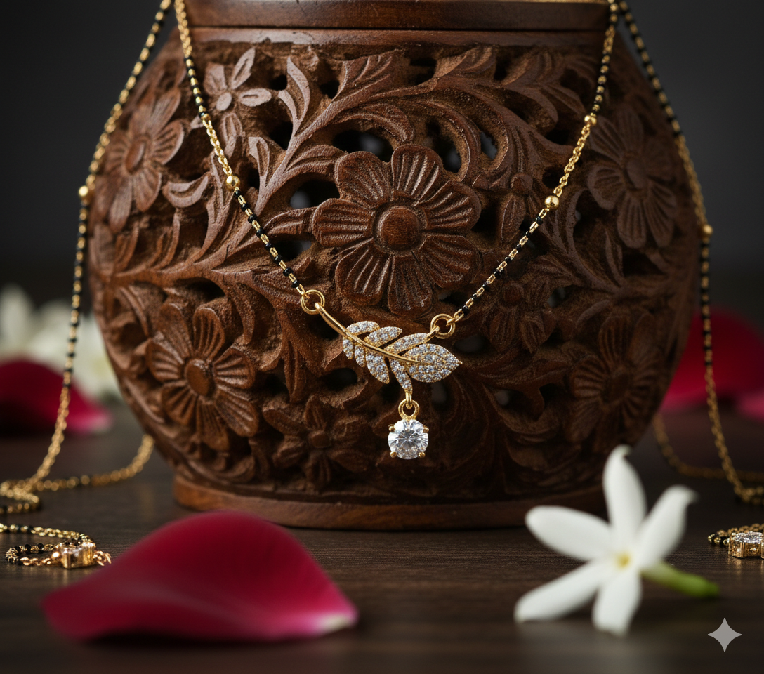 Elegant Leaf Drop Gold Plated Mangalsutra for Women | Anti-Tarnish Stainless Steel Black Bead Necklace