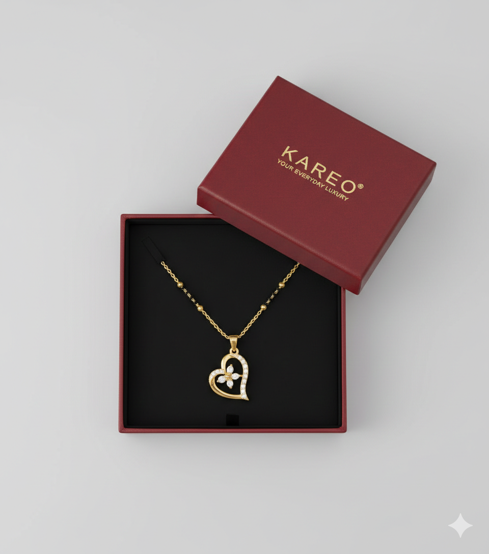 Elegant Heart Design Gold Plated Mangalsutra for Women | Anti-Tarnish Stainless Steel Black Bead Necklace