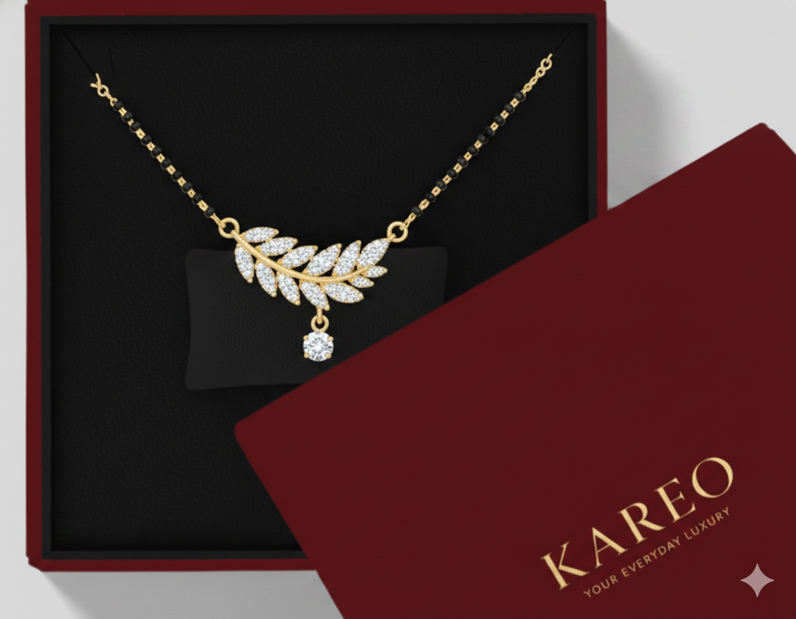 Elegant Leaf Drop Gold Plated Mangalsutra for Women | Anti-Tarnish Stainless Steel Black Bead Necklace